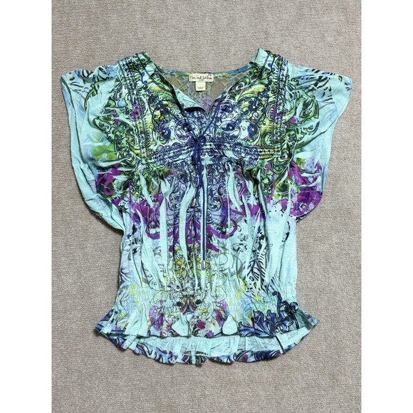 Live and Let Live Blouse Womens Petite Small Blue Green Sheer Lace Boho Top PS - Picture 1 of 13